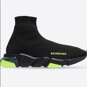 BALENCIAGA SPEED CLEAR SOLE SNEAKER IN NEON & BLACK.